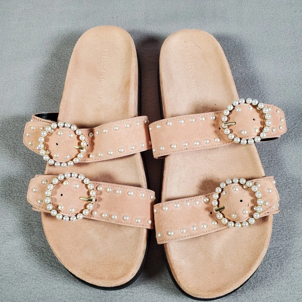 Rebecca Minkoff Veeoleeta Sandal Womens 7 Pink Pearl Buckle Suede Leather Slides - Picture 3 of 9